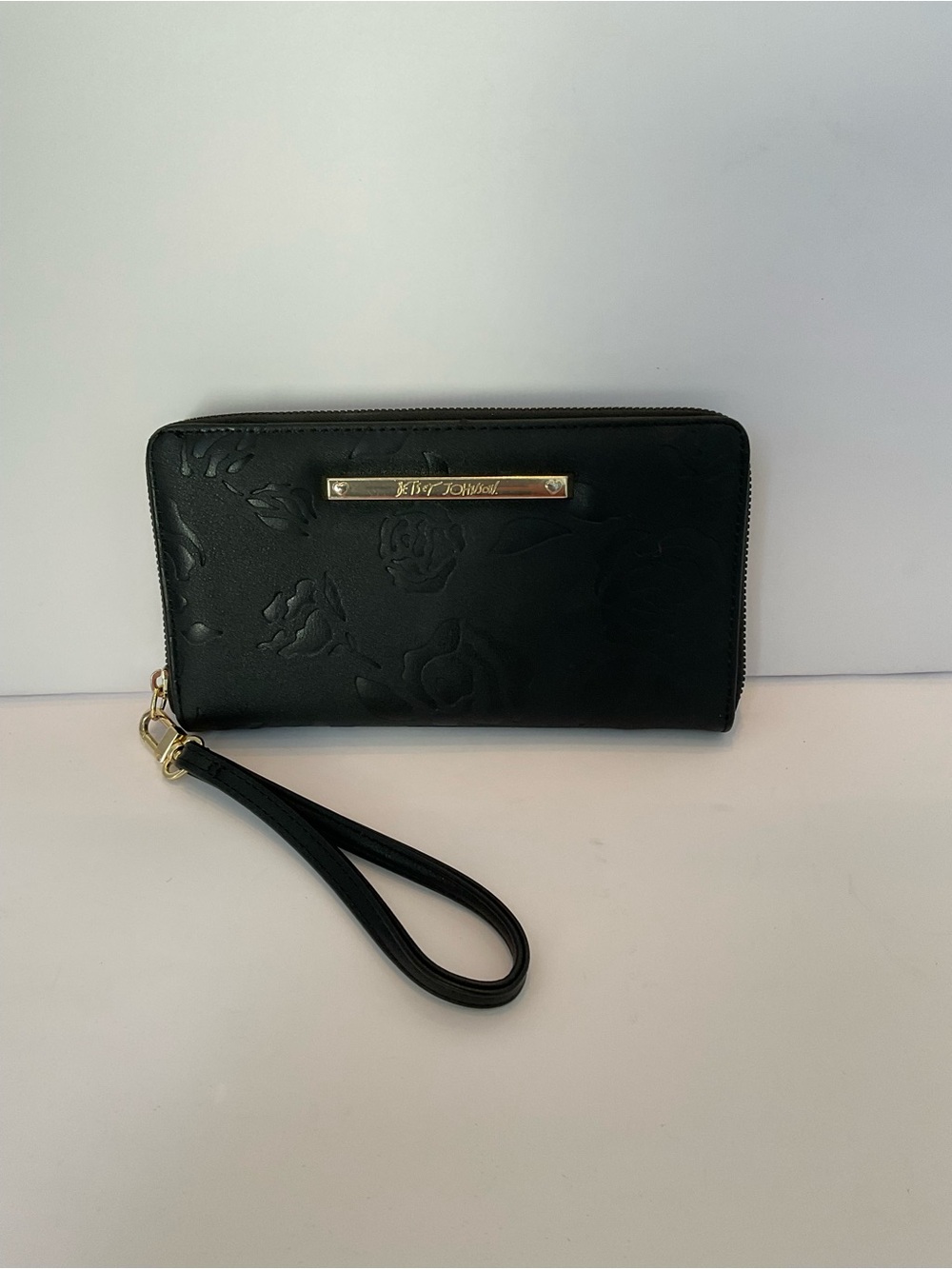 Betsey Johnson Black Floral Embossed Zip-Around Clutch Wallet